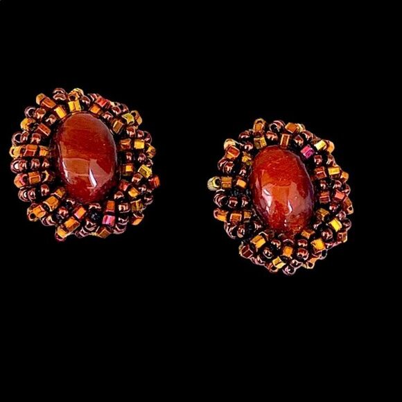 Vintage polished carnelian earrings with gold copper glass beaded bezel pierced - Picture 1 of 8